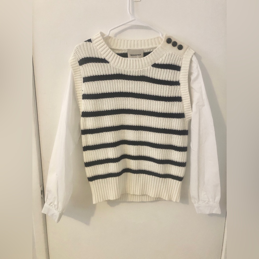 NWT Industry Striped Knit Sweater Vest with long sleeves - navy cream preppy sm